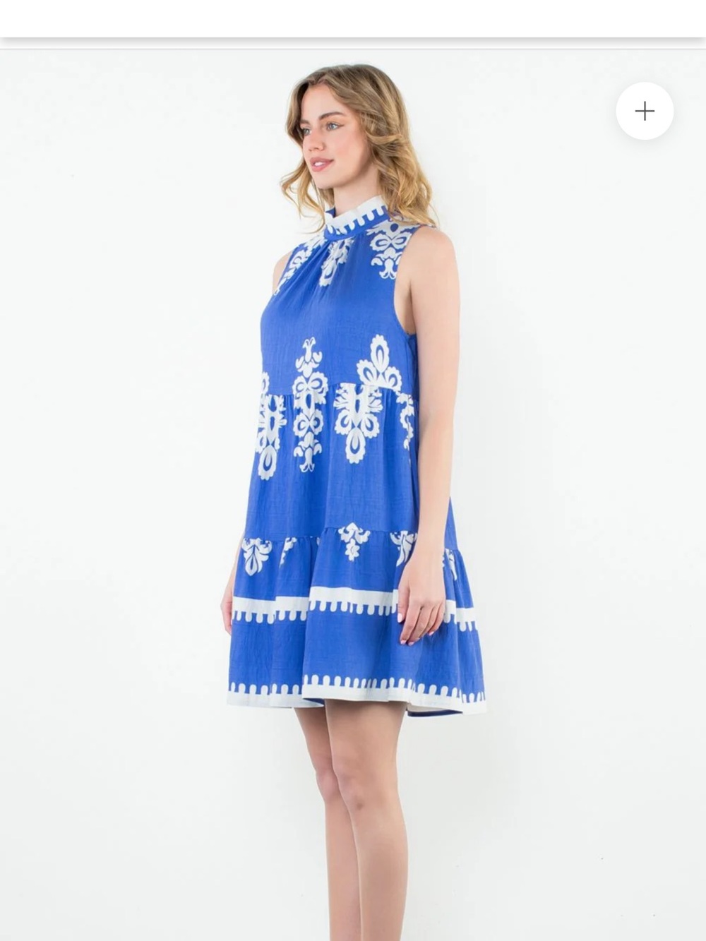 THML Sasha Royal Blue and White Embroidered Sleeveless Mini Dress